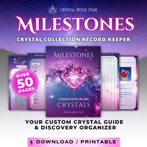 CrystalRockStar Milestones - Your Crystal Collection Record Keeper - Organizational Tools for Crystal Collectors - Instant Download Goodnotes - Printable - Journal Grimoire Workbook Gift - Custom Personalized Properties Meanings Gem Guide Book - Crystal Collector Journal PDF – Gem Tracking & Properties Logbook, Digital Diary, Metaphysical Meanings, Pink Celestial Meditation Planner