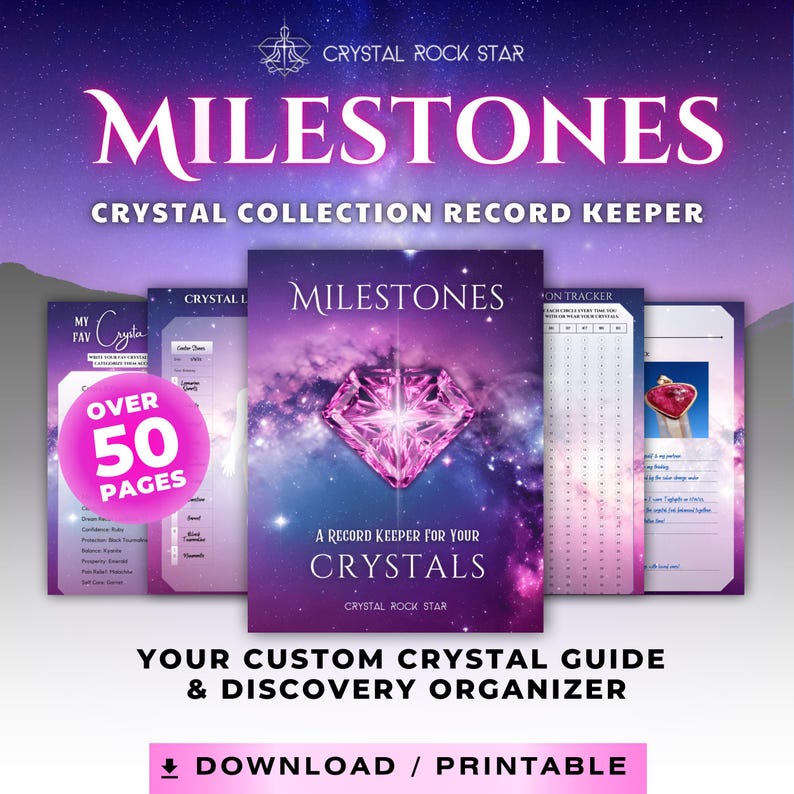CrystalRockStar Milestones - Your Crystal Collection Record Keeper - Organizational Tools for Crystal Collectors - Instant Download Goodnotes - Printable - Journal Grimoire Workbook Gift - Custom Personalized Properties Meanings Gem Guide Book - Crystal Collector Journal PDF – Gem Tracking & Properties Logbook, Digital Diary, Metaphysical Meanings, Pink Celestial Meditation Planner