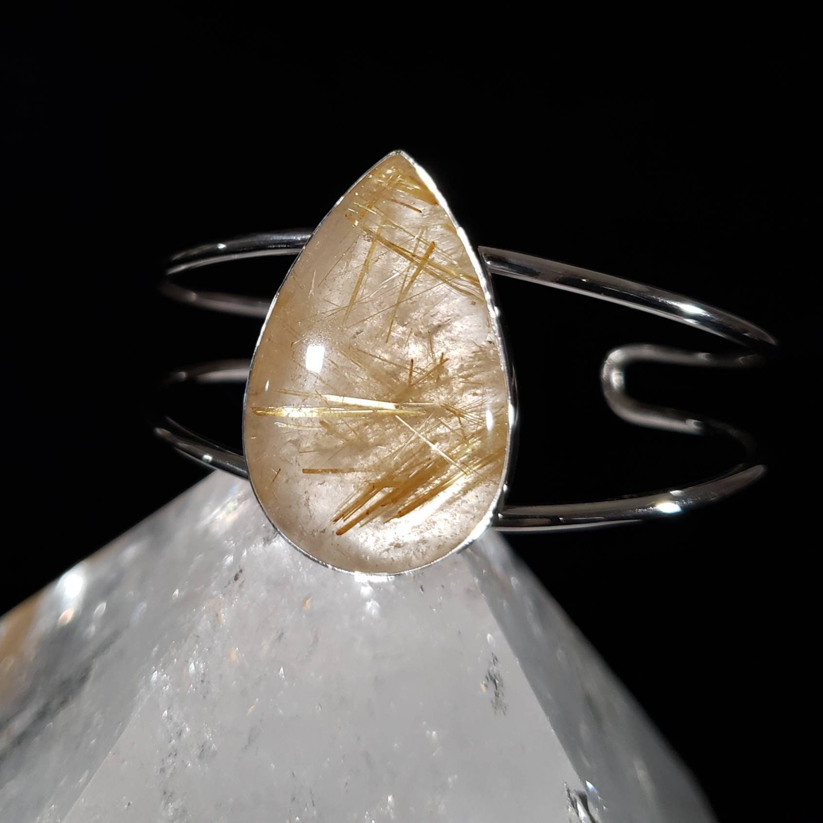 Gold Rutilated Quartz Cuff Bracelet, Large Pear Crystal Golden Rutile, Adjustable Sterling Silver Arm Cuff, Yoga Boho Jewelry