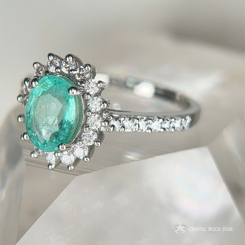 Columbian Emerald Star Halo Sterling Silver Ring Size 7 - Oval Cut Genuine Natural May Birthstone - Engagement - Pave Band - 1.4ct 7x5mm - CrystalRockStar Los Angeles California