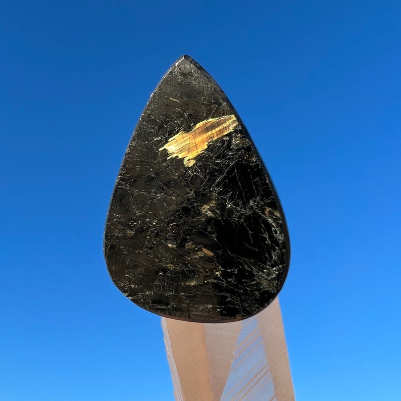 Greenland Nuummite Teardrop Pear Cabochon with Gold & Bronze Flashes - Genuine Rare Crystal - Flat Palm Stone Tumbled Alternative - CrystalRockStar CA