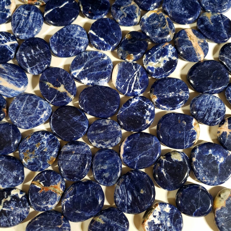 Sodalite Oval Palm Stone Polished Flat Crystal - Premium Deep Blue Lazulite and White Vein Calcite Inclusions - Hematite Inclusions  - Ethically Mined Collector Crystals - Pocket Travel Small Size