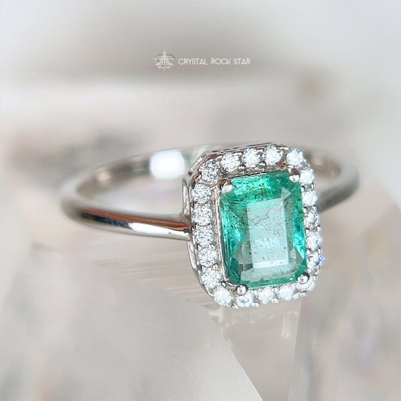 Columbian Emerald Halo Sterling Silver Ring 1.1ct - Size 8 - Emerald Cut Genuine Natural May Birthstone 7x5mm - Engagement Gift for Her - CrystalRockStar Los Angeles California