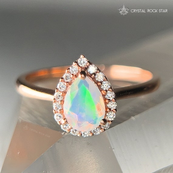 Natural Opal Ring - Pear Halo, Rose Gold, October Birthstone, Rainbow Fire Gemstone, Promise Engagement, Genuine Opal Jewelry Gift for Her