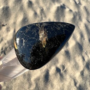 Greenland Nuummite Teardrop Pear Cabochon with Gold & Bronze Flashes - Genuine Rare Crystal - Flat Palm Stone Tumbled Alternative - CrystalRockStar Los Angeles