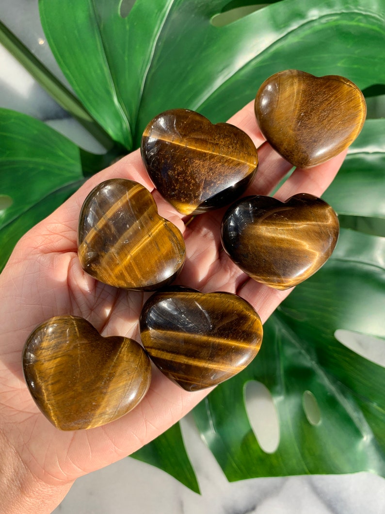 Tiger Eye Heart Palm Stone - Golden Solar Plexus and Root Chakra Meditation Crystal for Empowerment and Prosperity - Chunky 1.7 Inches - Crystal Rock Star CA Shop