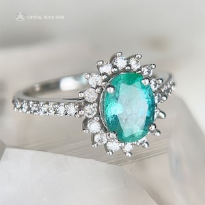 Columbian Emerald Star Halo Sterling Silver Ring Size 7 - Oval Cut Genuine Natural May Birthstone - Engagement - Pave Band - 1.4ct 7x5mm - CrystalRockStar Los Angeles California