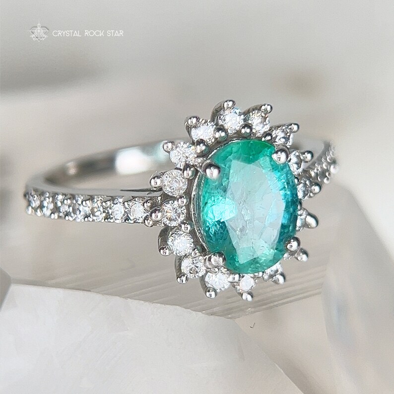 Columbian Emerald Star Halo Sterling Silver Ring Size 7 - Oval Cut Genuine Natural May Birthstone - Engagement - Pave Band - 1.4ct 7x5mm - CrystalRockStar Los Angeles California