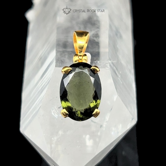 Genuine Moldavite Gold Pendant & Optional Greenland Nuummite Empath Protection Stone Set - Faceted Oval Cut Green Tektite