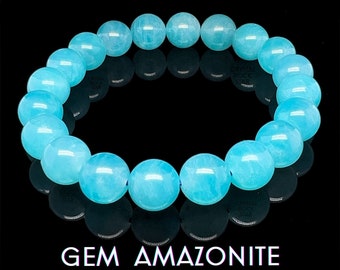 Gem Amazonite Bracelet, A Grade Aqua Turquoise Blue Heart Throat Chakra Crystal 6.5" 10mm Round Beads Stretch, Yoga Jewelry Gift for Her