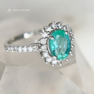 Columbian Emerald Star Halo Sterling Silver Ring Size 7 - Oval Cut Genuine Natural May Birthstone - Engagement - Pave Band - 1.4ct 7x5mm - CrystalRockStar Los Angeles California