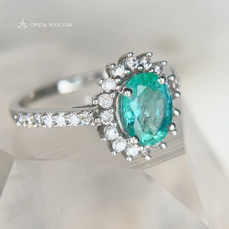 Columbian Emerald Star Halo Sterling Silver Ring Size 7 - Oval Cut Genuine Natural May Birthstone - Engagement - Pave Band - 1.4ct 7x5mm - CrystalRockStar Los Angeles California