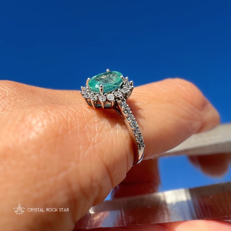 Columbian Emerald Star Halo Sterling Silver Ring Size 7 - Oval Cut Genuine Natural May Birthstone - Engagement - Pave Band - 1.4ct 7x5mm - CrystalRockStar Los Angeles California