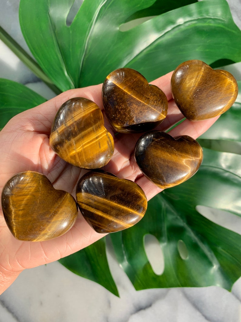 Tiger Eye Heart Palm Stone - Golden Solar Plexus and Root Chakra Meditation Crystal for Empowerment and Prosperity - Chunky 1.7 Inches - Crystal Rock Star CA Shop