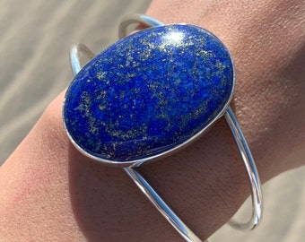 Lapis Lazuli Sterling Silver Cuff Bracelet - Oval Genuine Crystal Bangle - Festival Jewelry - Adjustable Band
