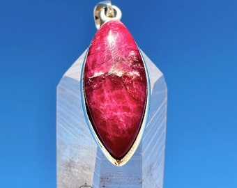 Tugtupite Sterling Silver Pendant, Hot Pink Natural Color Changing, Genuine Greenland Rare Marquise Crystal, Unique Birthday Love Gift