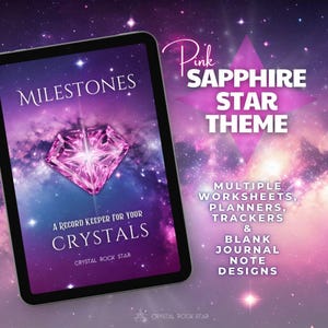 Pink Sapphire Celestial Star Theme CrystalRockStar Milestones eBook - Multiple Worksheets, Planners, Trackers & Blank Journal Note Designs - Crystal Collector Journal PDF – Gem Tracking & Properties Logbook, Digital Diary, Metaphysical Meanings, Pink Celestial Meditation Planner