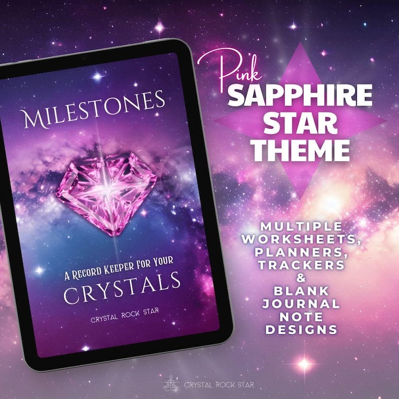Pink Sapphire Celestial Star Theme CrystalRockStar Milestones eBook - Multiple Worksheets, Planners, Trackers & Blank Journal Note Designs - Crystal Collector Journal PDF – Gem Tracking & Properties Logbook, Digital Diary, Metaphysical Meanings, Pink Celestial Meditation Planner