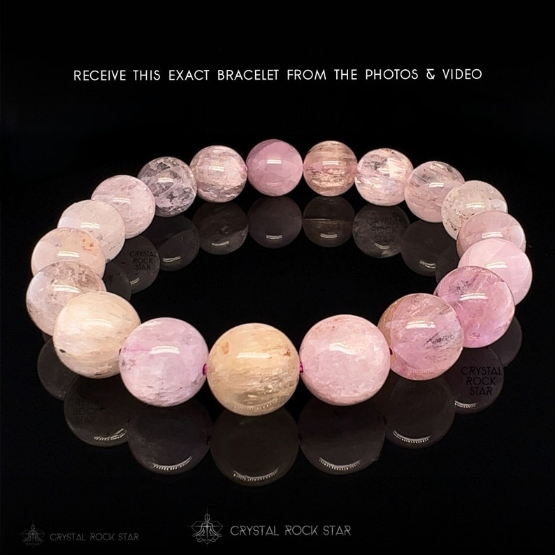 Kunzite Crystal Bracelet, Premium Cat Eye Kunzite A Grade Bead Stretch Bracelet, Unique Gifts for Her, Champagne and Cotton Candy 10mm Pink Beads Jewelry for Self Love and Inner Peace, Gift for Her