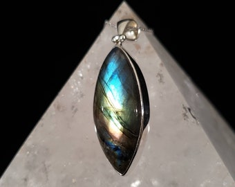 Rainbow Labradorite Sterling Silver Pendant - Marquise Blue Purple Flash Empath Crystal - Chakra Protection Shield Necklace