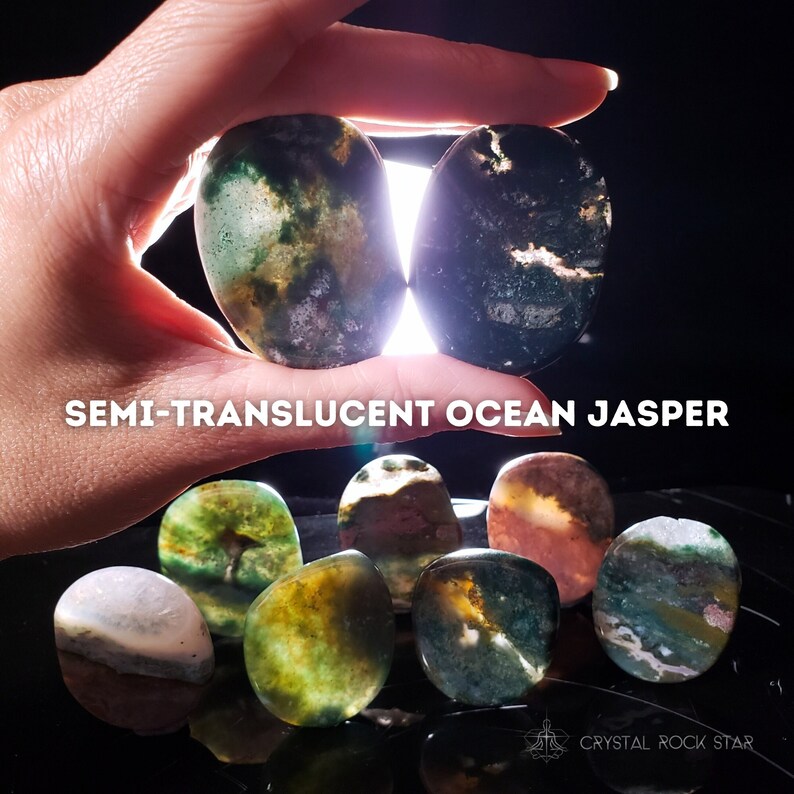 Ocean Jasper Palm Stone - Flat Oval Crystal for Manifestation - Purple Yellow Pink Green Rainbow Red & Semi-Translucent Jelly Fish Collection - CrystalRockStar CA Shop
