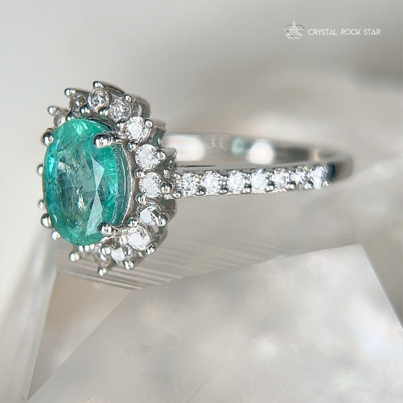 Columbian Emerald Star Halo Sterling Silver Ring Size 7 - Oval Cut Genuine Natural May Birthstone - Engagement - Pave Band - 1.4ct 7x5mm - CrystalRockStar Los Angeles California