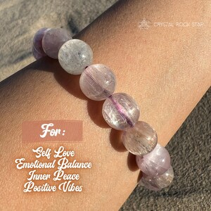 Kunzite Crystal Bracelet, Self Love Yoga Meditation Unique Gift, 10mm Champagne and Cotton Candy Pink Beads, CrystalRockStar California - For Self Love Emotional Balance Inner Peace - Heart break divorce breakup jewelry for her.