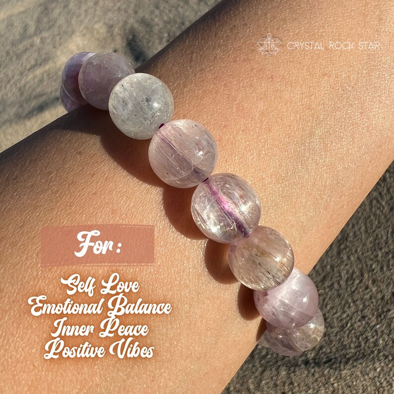 Kunzite Crystal Bracelet, Self Love Yoga Meditation Unique Gift, 10mm Champagne and Cotton Candy Pink Beads, CrystalRockStar California - For Self Love Emotional Balance Inner Peace - Heart break divorce breakup jewelry for her.