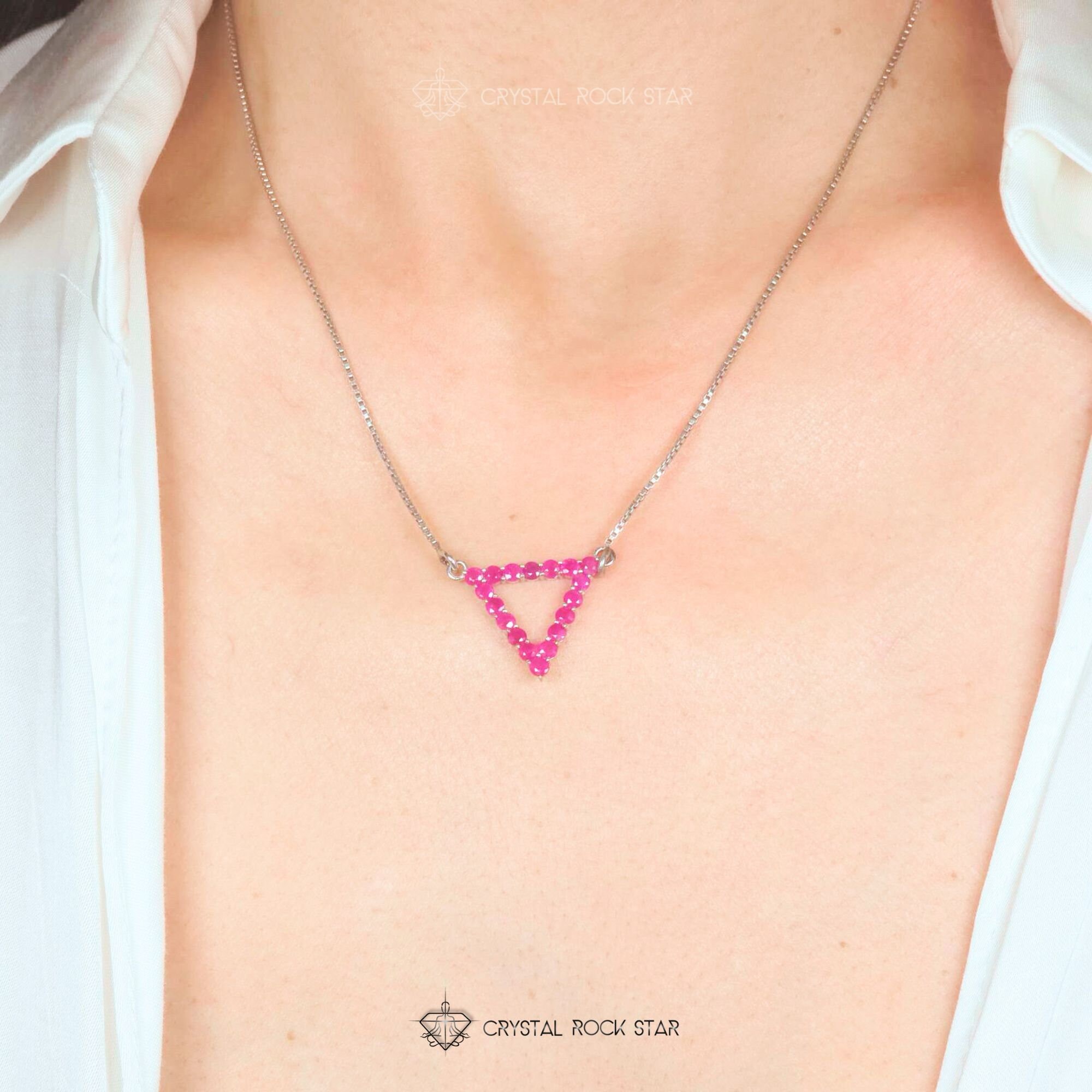 Natural Ruby Triangle Pendant - Sterling Silver Chain - Pink July ...