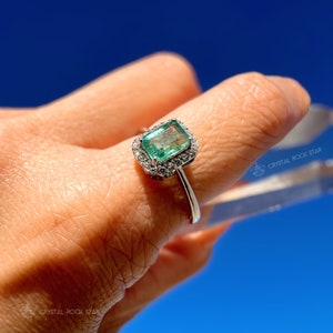 Columbian Emerald Halo Sterling Silver Ring 1.1ct - Size 8 - Emerald Cut Genuine Natural May Birthstone 7x5mm - Engagement Gift for Her - - CrystalRockStar Los Angeles California