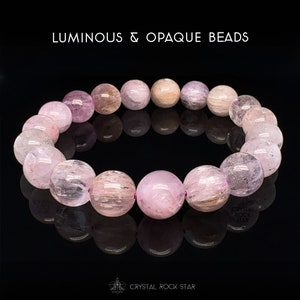 Kunzite Crystal Bracelet, Semi-Translucent Friendship Bead Stretch Bracelet, Rare Cat Eye Effect, Unique Gifts for Mom Grandma, Champagne and Cotton Candy Pink Beads, CrystalRockStar California - Kunzite Crystal Bracelet, Premium Cat Eye Kunzite A Grade Bead Stretch Bracelet,  10mm Pink Beads Jewelry for Self Love and Inner Peace, Gift for Her