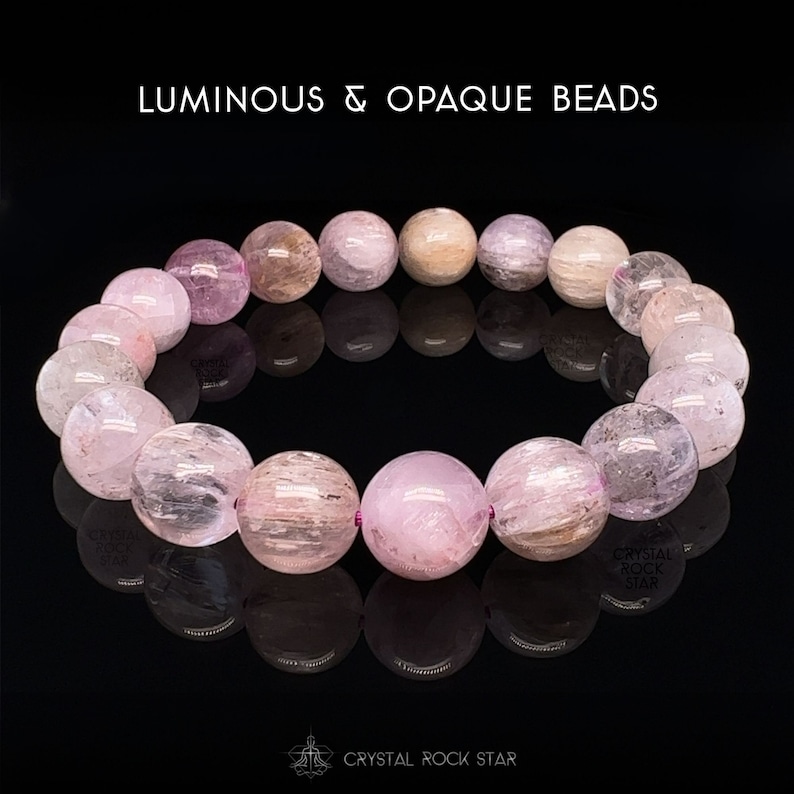 Kunzite Crystal Bracelet, Semi-Translucent Friendship Bead Stretch Bracelet, Rare Cat Eye Effect, Unique Gifts for Mom Grandma, Champagne and Cotton Candy Pink Beads, CrystalRockStar California - Kunzite Crystal Bracelet, Premium Cat Eye Kunzite A Grade Bead Stretch Bracelet,  10mm Pink Beads Jewelry for Self Love and Inner Peace, Gift for Her