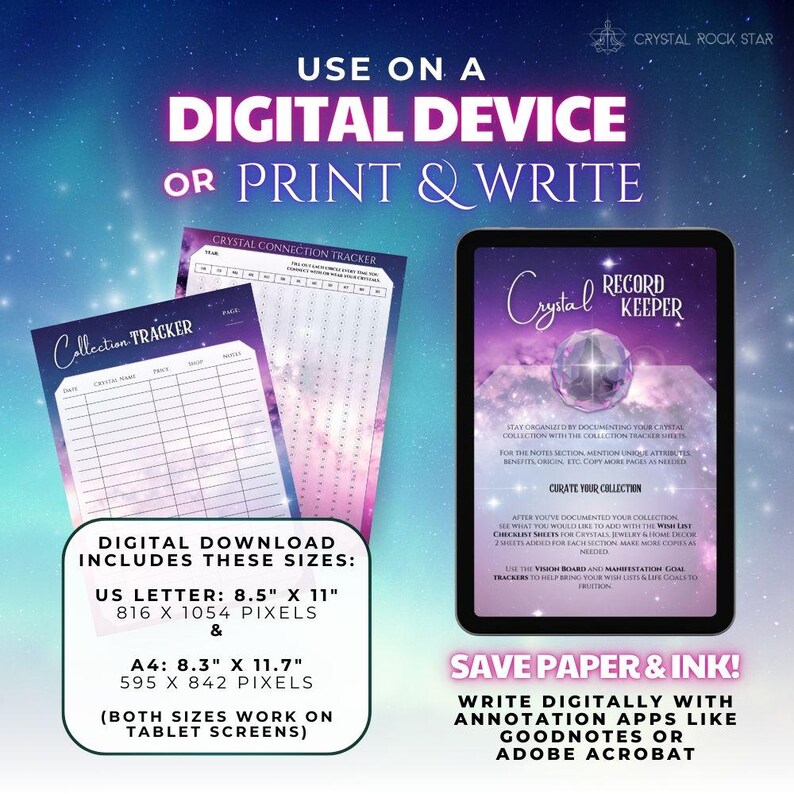 Use on a Digital Device or Print & Write - Save paper & ink! Write digitally with Goodnotes or Adobe Acrobat - CrystalRockStar Crystal Record Keeper - Collection & Meditation Connection Tracker Printable Instant Download PDFs A4 US LetterSize - Crystal Collector Journal PDF – Gem Tracking & Properties Logbook, Digital Diary, Metaphysical Meanings, Pink Celestial Meditation Planner