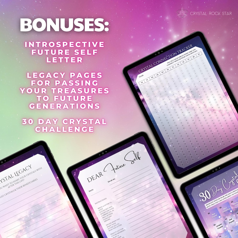 Bonuses - Introspective Future Self Letter - Legacy Pages for Passing Your Collection to Future Generations - 30 Day Crystal Challenge - CrystalRockStar eBook Digital Download Tracker Journal Note Worksheets - Crystal Collector Journal PDF – Gem Tracking & Properties Logbook, Digital Diary, Metaphysical Meanings, Pink Celestial Meditation Planner