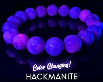 Hackmanite Bracelet, Color Changing UV Reactive Crystal, Unique Gift Idea, Fluoresces Pink, Darkens Purple in Sunlight, Large 12mm Beads