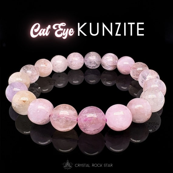 Cat Eye Kunzite Crystal Stretch Bracelet - 10mm A Pink Gemstone Beads - Self-Love Jewelry for Mom