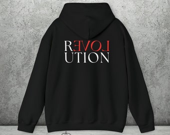 Love Revolution Hoodie, bedeutungsvolle Geschenkidee, schwarzer Typografie-Botschafts-Hoodie, Statement-Pullover, Peace-Liebhaber-Sweatshirt