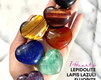 Crystal Heart Worry Stone Set - Rainbow Spiritual Crystal Chakra Meditation Gift, Shungite Lapis Lazuli Fluorite Carnelian Lepidolite Pyrite