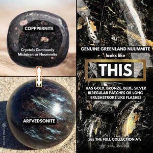 Genuine Greenland Nuummite - Crystal Rock Star California - Ethically Sourced - Comparison Infographic to Coppernite and Arfvedsonite