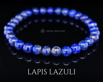 Lapis Lazuli Bead Stretch Bracelet, Empath Protection, Third Eye Chakra Blue Crystal 6mm Beads, Size 6", Yoga Lover Jewelry Gift