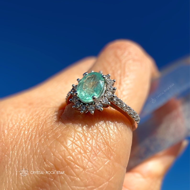 Columbian Emerald Star Halo Sterling Silver Ring Size 7 - Oval Cut Genuine Natural May Birthstone - Engagement - Pave Band - 1.4ct 7x5mm - CrystalRockStar Los Angeles California