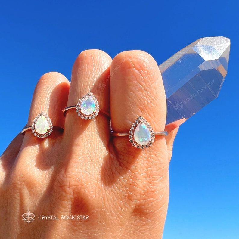 Rose Gold Opal Ring, Pear Cut Natural Opal Halo Promise Ring, October Birthstone Jewelry Gift, Rainbow Fire Opal Engagement Ring for Her - CrystalRockStar Los Angeles California