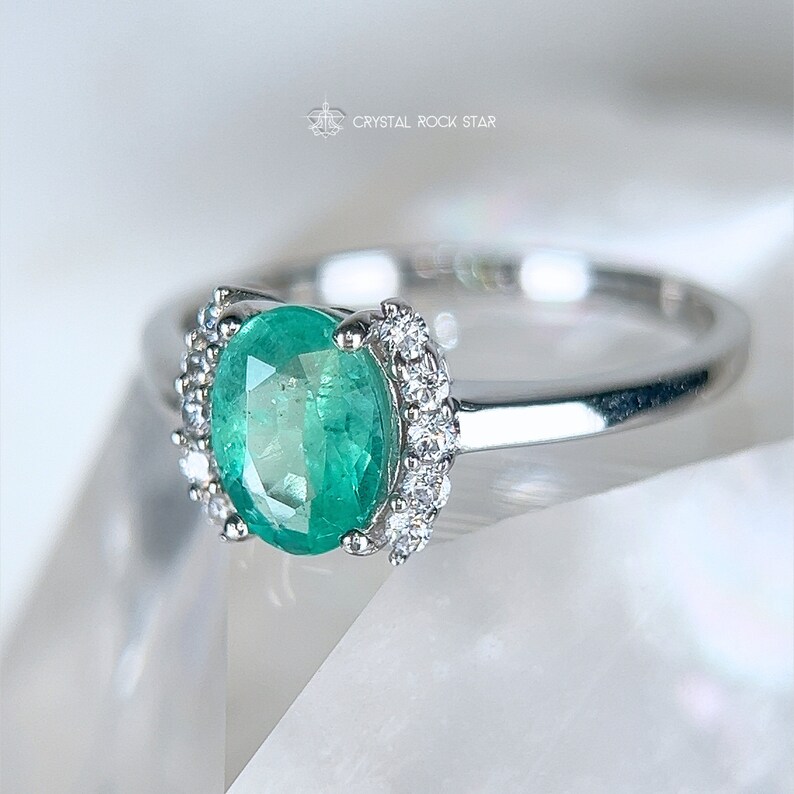 Genuine Emerald Ring Sterling Silver, 8x6mm Size 5 6 8, Natural May Birthstone 1.1 ct, Oval Engagement Ring, Colombian Emerald Ring, CZ Accents, CrystalRockStar Los Angeles, California Womens Jewerly Gifts