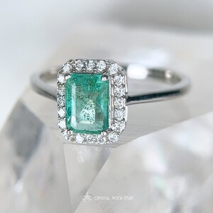 Columbian Emerald Halo Sterling Silver Ring 1.1ct - Size 8 - Emerald Cut Genuine Natural May Birthstone 7x5mm - Engagement Gift for Her - - CrystalRockStar Los Angeles California