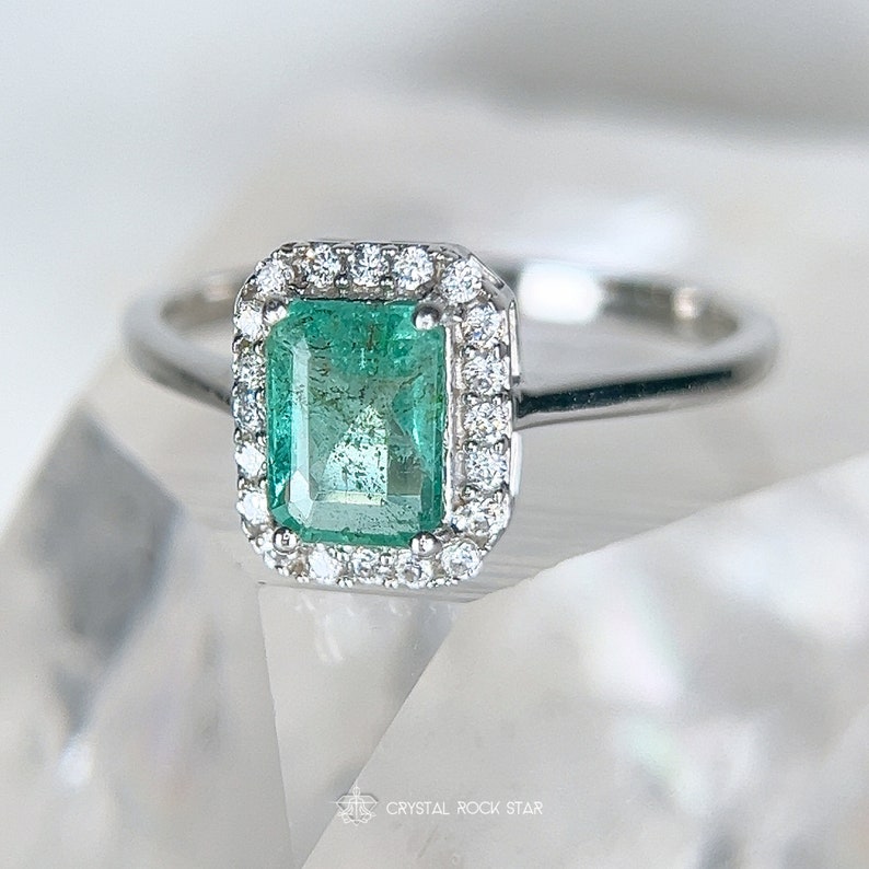 Columbian Emerald Halo Sterling Silver Ring 1.1ct - Size 8 - Emerald Cut Genuine Natural May Birthstone 7x5mm - Engagement Gift for Her - - CrystalRockStar Los Angeles California