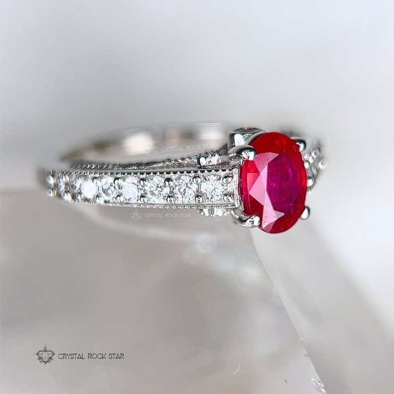 Genuine Ruby Sterling Silver Ring Size 7 8 9 - Oval Faceted July Birthstone, Art Deco Cathedral Euro Filigree Ring, Anniversary Engagement - CZ Accents - CrystalRockStar California