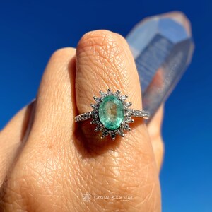 Columbian Emerald Star Halo Sterling Silver Ring Size 7 - Oval Cut Genuine Natural May Birthstone - Engagement - Pave Band - 1.4ct 7x5mm - CrystalRockStar Los Angeles California