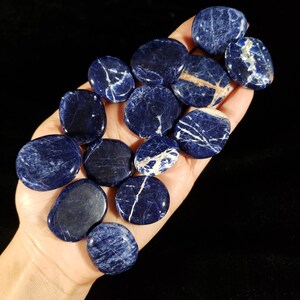 Sodalite Oval Palm Stone Polished Flat Crystal - Premium Deep Blue Lazulite and White Vein Calcite Inclusions - Hematite Inclusions  - Ethically Mined Collector Crystals - Pocket Travel Small Size