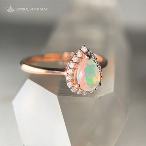 Rainbow Opal Ring, Rose Gold Sterling Silver, Pear Halo Solitaire, Faceted Genuine Natural Crystal, October Birthstone Gemstone Size 5 6 7 8 - CrystalRockStar California
