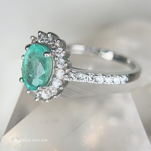 Columbian Emerald Star Halo Sterling Silver Ring Size 7 - Oval Cut Genuine Natural May Birthstone - Engagement - Pave Band - 1.4ct 7x5mm - CrystalRockStar Los Angeles California